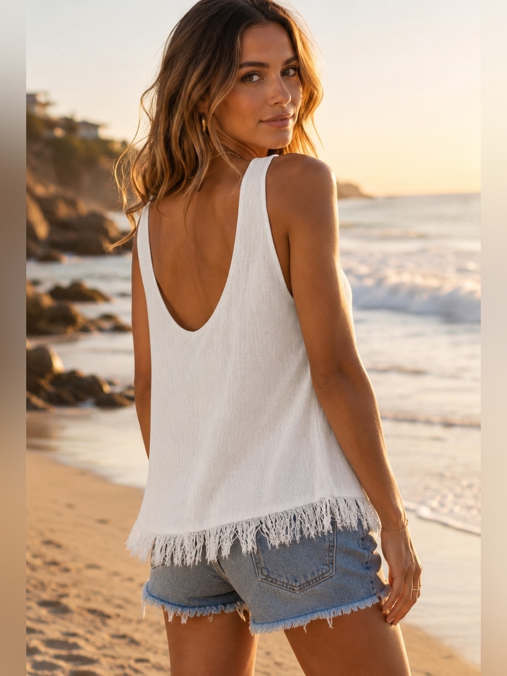 Theory Vendala White Fringe Hem Linen Blend Tank Top Size L